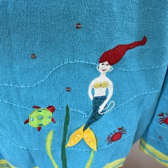 Quacker Factory Women's 3X  Blue Green Mermaids Embroidered Cardigan Sweater GUC - Picture 3 of 7